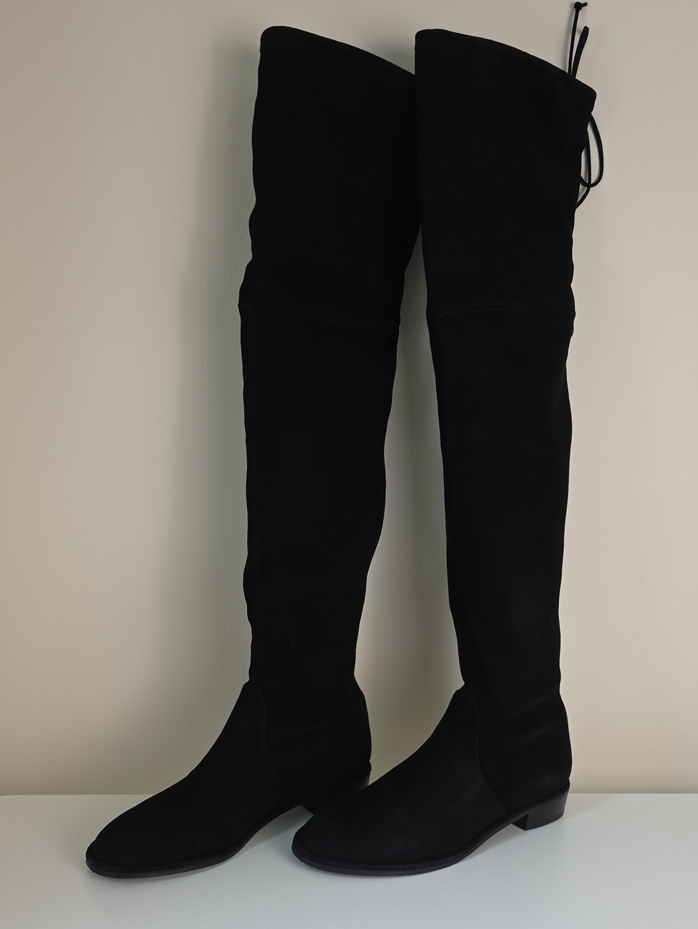 Stuart Weitzman Black Over-the-Knee Suede Boots with Rear Tie. Size 8. NWT